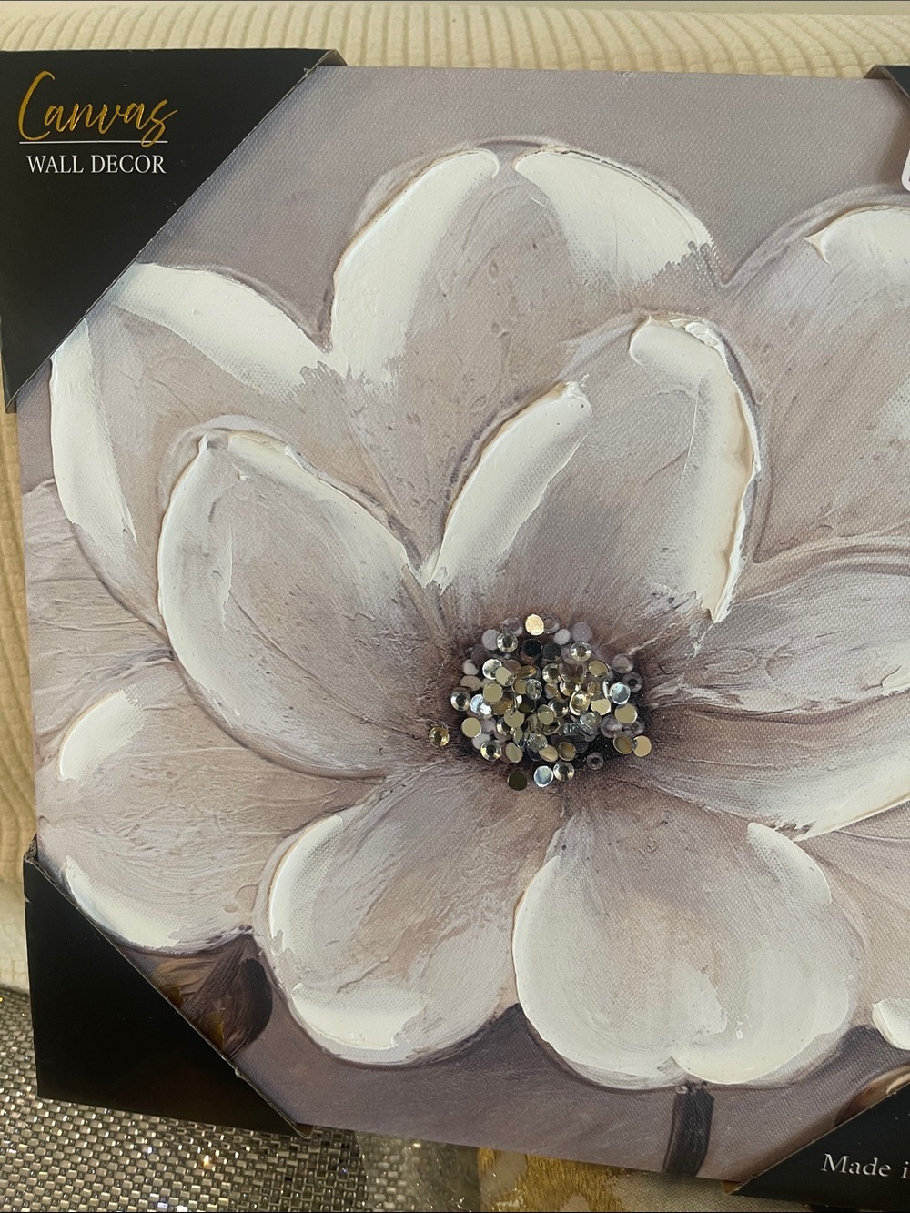 Canvas Wall Decor White Floral Canvas with Embellished Center